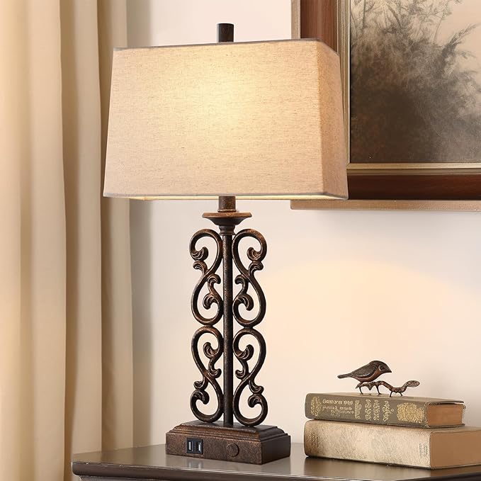 25" Set of 2 Farmhouse Resin Touch Table Lamps for Living Room, 3 Way Dimmable with Dual USB Ports Vintage Rustic Bedside Desk Lamp, for Bedroom End Table, 2 LED Bulbs Included