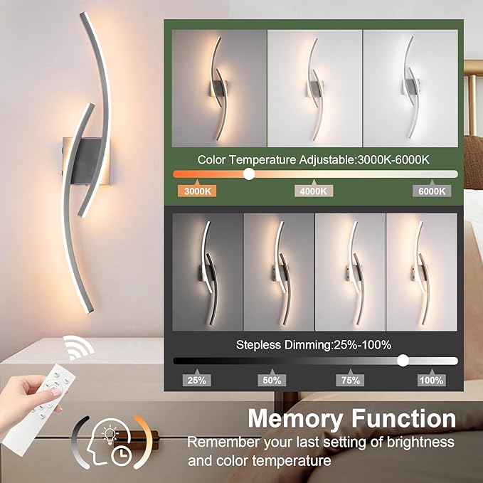 Battery Operated Wall Sconce Set of 2,Brushed Nickel Wall Sconces with Remote Control,3000K-6000K Modern LED Wireless Wall Light for Living Room, Hallway, Bedroom, 39.3 Inch (2 Pack)