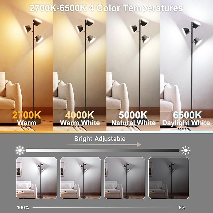 42W 4500 Lumens Super Bright LED Tree Floor Lamp for Living Rome with Remote & Touch Control, 4 Color Temperatures, Modern Stepless Dimmable 3 Rotatable Light Standing Floor Lamps for Bedroom, Black