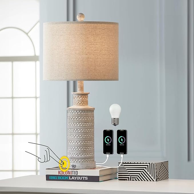 BOBOMOMO USB A+C 3-Way Dimmable Touch Control Table Lamp Set of 1 Vintage Rustic Farmhouse Traditional Nightstand Bedside Lamps(1 Bulb Included)