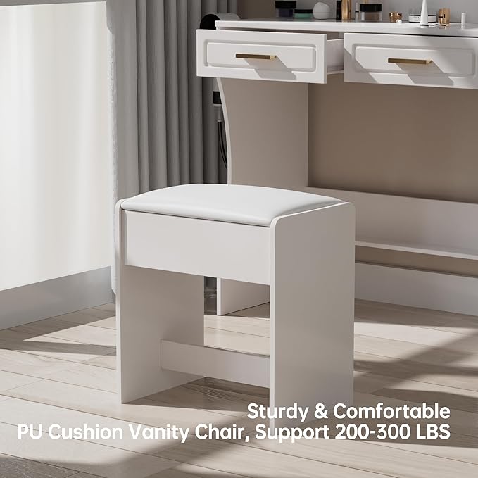 Modern White Makeup Vanity Desk with Adjustable Lights, Mirror, and Storage - Complete Vanity Set with Drawers, Shelves, and Stool