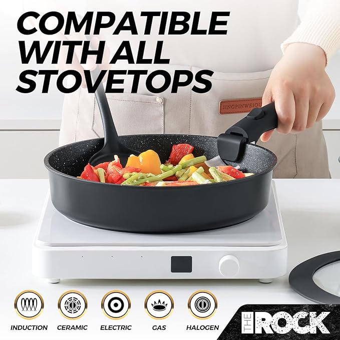 THE ROCK SMART SPACE 16pc Nonstick Pots and Pans Set with ROCK.TEC, Stackable Cookware Set with Detachable Handles, Scratch/Stain/Crack Proof, Induction Ready, Oven & Dishwasher Safe, PFOA-Free, Black