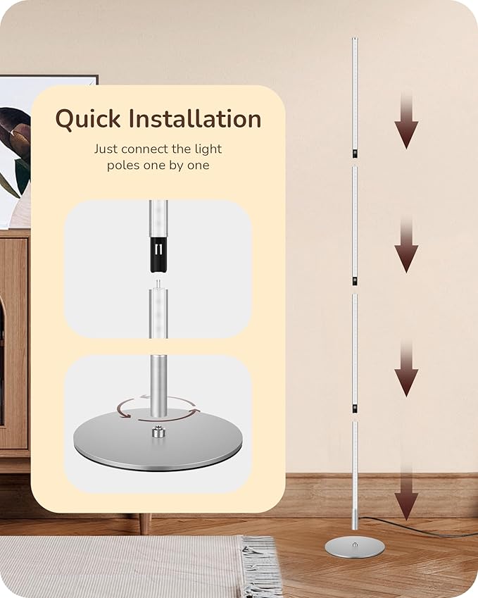 EDISHINE LED Corner Floor Lamp, Minimalist Dimmable Mood Light, Adjustable Height, 57.5" Tall Floor Lamp for Bedroom, Living Room, Home Office, 3000K Warm White Light, Silver