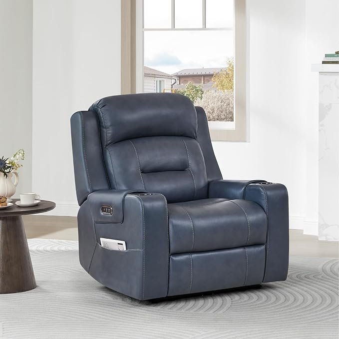 Watson & Whitely Genuine Leather Power Recliner Chairs for Adults, Lay Flat Recliner with Power Headrest, USB Ports and Cup Holders, Electric Reclining Sofa for Living Room, Bedroom, Navy