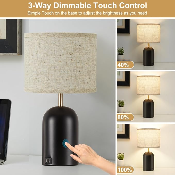 Bedside Lamps with USB C+A Charging Ports, Table Lamp Touch Control 3-Way Dimmable Modern Lamp for Bedroom Lamps for Night Stands with Fabric Shade for Living Room Office Dorm (LED Bulbs Included)
