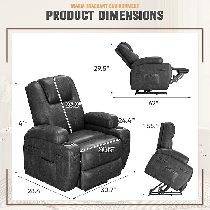 Flamaker Power Lift Chair with Vibration Massage Luxurious Leathaire Fabric Electric Lift Recliner for Elderly Power Lift Recliner Chair with Cup Holders Side Pockets for Living Room (Dark Gray)