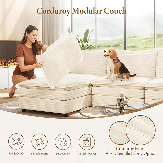 Vesgantti 142" Cloud Couch Sectional Modular Sofa, Comfy Sectional Couch with Ottoman Deep Seat Corduroy L Shaped Sofa, Modular Couches for Living Room, Bedroom and Apartment, Beige