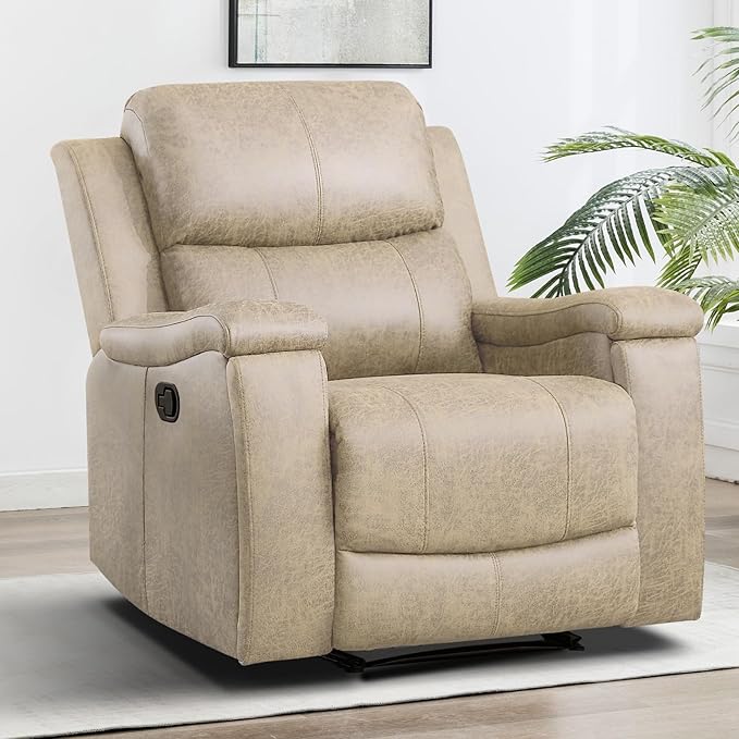 CANMOV Leather Recliner Chair, Classic and Traditional Manual Recliner Chair with Overstuffed Arms and Back, Manual Single Sofa with Concealed Cup Holders,Beige