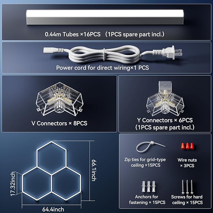 MODERN Hexagon LED Light,105W 12600LM 6500K, 3 Hexagonal LED Shop Light for Auto Shops, Malls & Work Areas