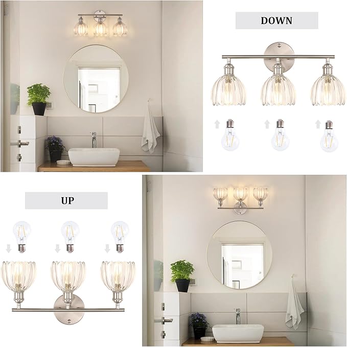 Bathroom Light Fixtures, 3-Light Vanity Wall Light Over Mirror with Clear Tulip Glass Shade for Bedroom Living Room, Satin Nickel
