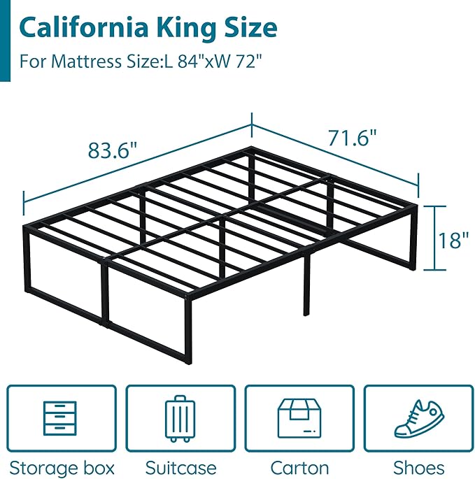 EMODA 18 Inch California King Bed Frames Heavy Duty Metal Cal King Platform with Steel Slats Support, No Box Spring Needed, Noise Free, Black