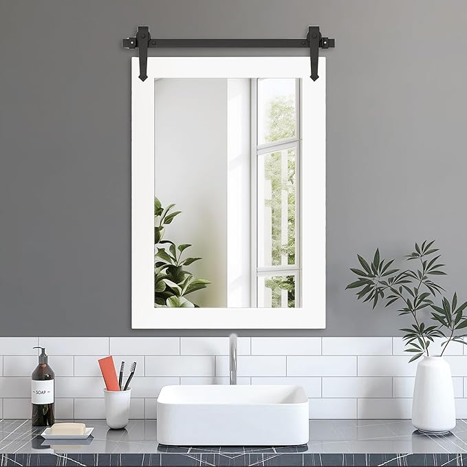 Farmhouse Bathroom Mirror for Over Sink 22”x32” Wood Frame Rustic Barn Door Bathroom Vanity Mirror, Wall Mirror for Bathroom, Living Room, Bedroom, Entryway (Bright White)