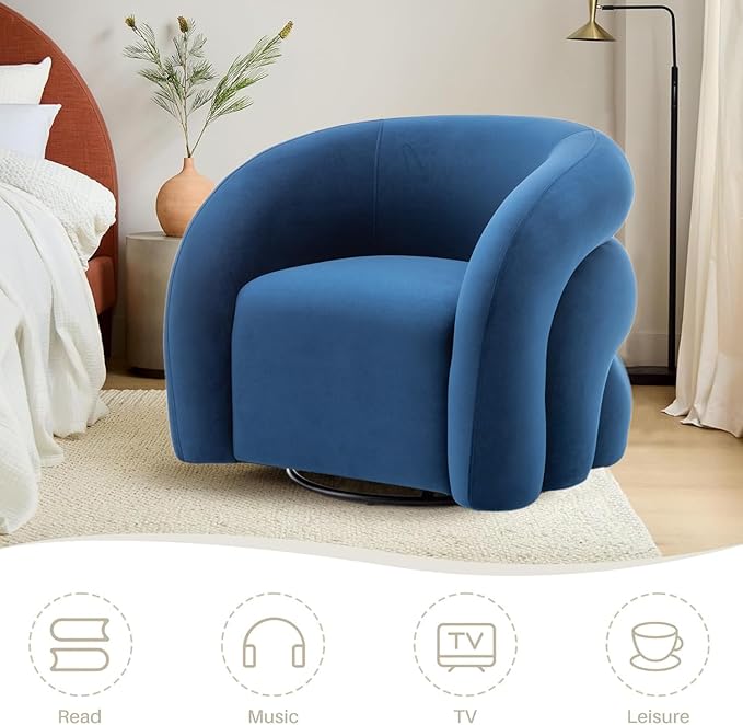 34.6" Velvet Swivel Accent Chair, Modern Round Armchair for Living Room,Upholstered Comfy Sofa Barrel Chairs for Bedroom Reading Apartment Lounge,Fully Assembled(Navy Blue)
