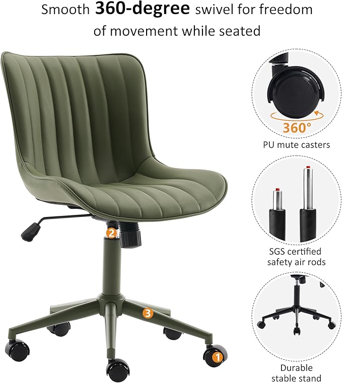YOUNIKE Green Home Office Desk Chair with Wheels Armless Compact Comfy Vanity Chair with Adjustable Back Modern Small Leather Upholstered Rolling Swivel Cute Computer Task Sewing Chair No Arms