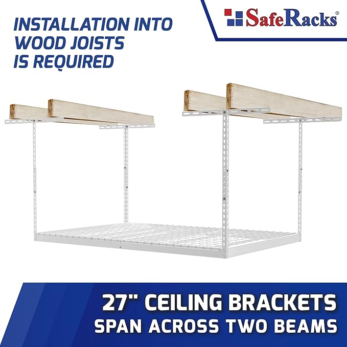 SafeRacks 4x6 Overhead Garage Storage Rack - Height Adjustable Steel Overhead Storage Rack - 500 Pound Weight Capacity (White, 24"-45")