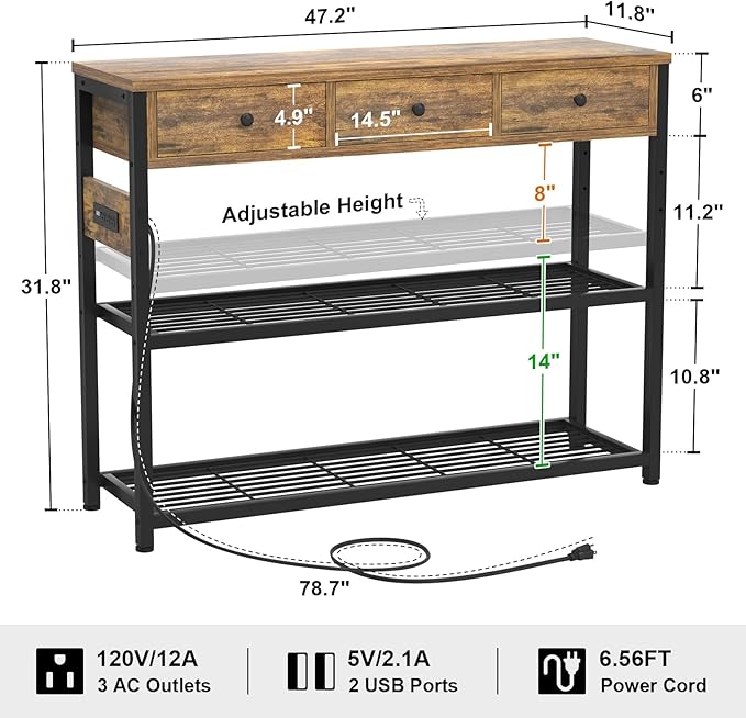 Ecoprsio 47'' Entryway Table with Outlets and USB Ports, Console Table with 3 Drawers, Sofa Table Narrow Long with Storage Shelves for Living Room, Couch, Hallway, Foyer, Kitchen Counter, Rustic Brown