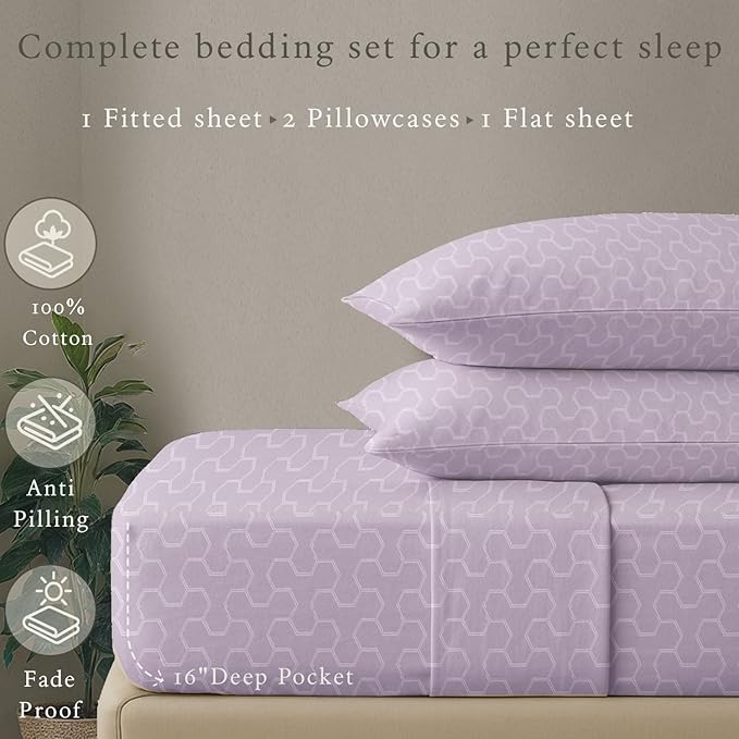 Threadmill Cotton Full Size Sheet Set | 500 Thread Count 100% Cotton Sheets for Full Size Bed | Damask Jacquard Full Bed Sheets Set 16” Deep Pocket | Soft Sateen 4-Piece Cooling Bedding Set | Lilac