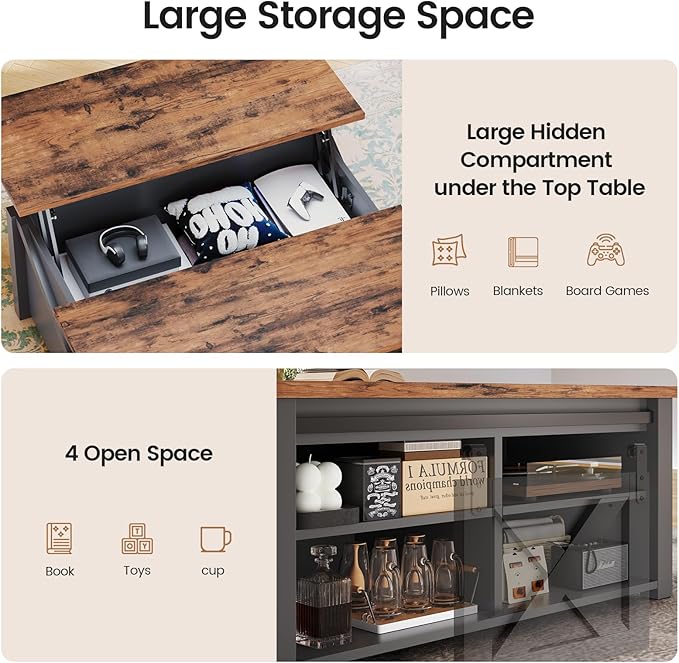 SEDETA 31.5" Lift Top Coffee Table with Storage, Square Coffee Tables for Living Room, Farmhouse Coffee Table with Large Hidden Storage Compartment and Adjustable Shelves, Black