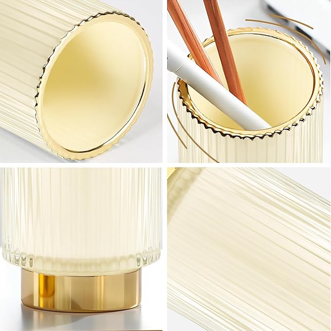 DASITON Makeup Brush holder Organizer,Crystal Cosmetic Makeup Brush Glass Brushes Storage Holder, Vintage Make Up Brush Cup Pen Pencil Holder striped vase(Cream S+L)