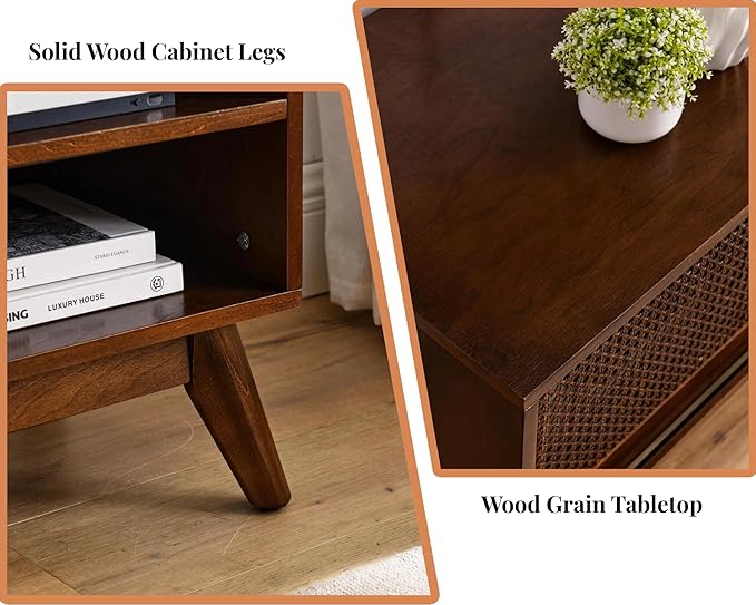 59 inch Mid Century Modern TV Stand with Rattan Cabinet Doors, Boho Entertainment Center for 55/60/65 inch TVS, Media Console for Living Room/Bedroom, Dark Walnut