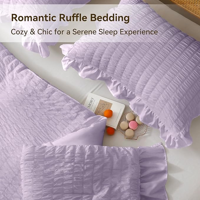 JOLLYVOGUE Lavender King Comforter Set, 3 Pieces Seersucker Comforters King Size, Lightweight & Fluffy Bedding Sets King for All Season with 1 Ruffle Comforter and 2 Ruffle Pillowshams