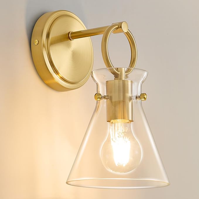 Gold Wall Sconce for Bathroom Modern Vanity Light Fixtures 1-Light Wall Mount Lighting Lamp Farmhouse Wall Lights with 6 Inch Clear Glass Shade for Bedroom Living Room Mirror Kitchen