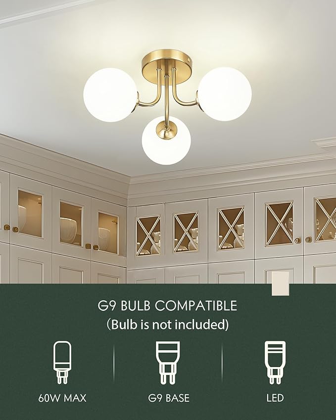 3-Globe Gold Semi Flush Mount Ceiling Light in a Modern Farmhouse Design is Ideal for Living Rooms, Bedrooms, or Dining Rooms. Model:CKCL4845-3W-PG