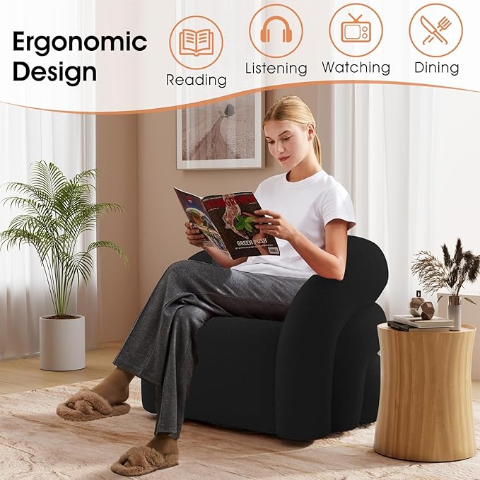 Swivel Accent Chair Set of 2,Upholstered Sherp Barrel Armchair 360° Round Modern Boucle Chair No Assembly for Living Room,Comfy Single Sofa Chairs for Bedroom(Black)