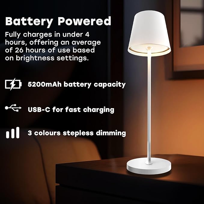2 Pack Cordless Table Lamp,Portable LED Desk Lamp, 5200mAh Battery Operated, 3 Color Stepless Dimming Up, for Restaurant, Bedroom, Bars, Outdoor Party, Camping, Coffee Shop Night Light White