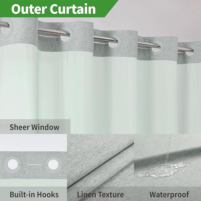 Extra Long No Hooks Needed Linen Textured Shower Curtain with Snap-in Fabric Liner Set,Sage Green Hotel Luxury Decor Shower Curtains for Bathroom,Waterproof & Washable,71Wx86H