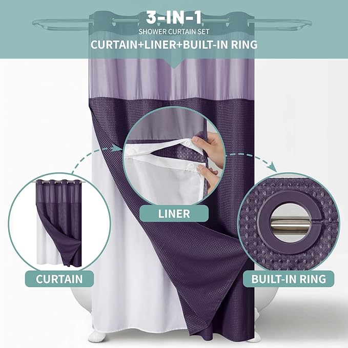 Purple No Hook Waffle Weave Shower Curtain with snap-in Liner Replacement, 230GSM Waterproof Fabric Hotel Shower Curtain Set for Bathroom, Through Mesh Top Window,54Wx80H