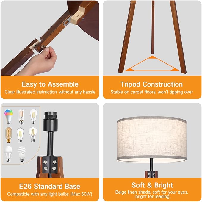 OUTON Dimmable Wood Tripod Floor Lamp with Shelves, Remote Control, Mid Century Modern Standing Lamp 58.5" for Bedroom, Living Room, and Office, Flaxen Lamp Shade Include E26 9W Bulb