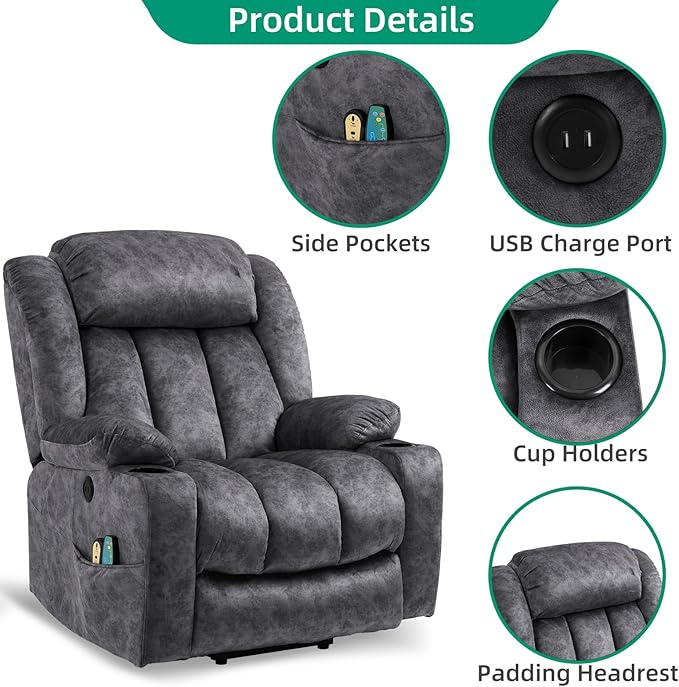 VIVIJASON Tall Man Large Power Lift Recliner Chair with Massage and Heat for Elderly, Overstuffed Wide Electric Lift Recliner w/Extended Footrest, 2 Cup Holder, Side Pockets & USB Ports, Fabric Grey