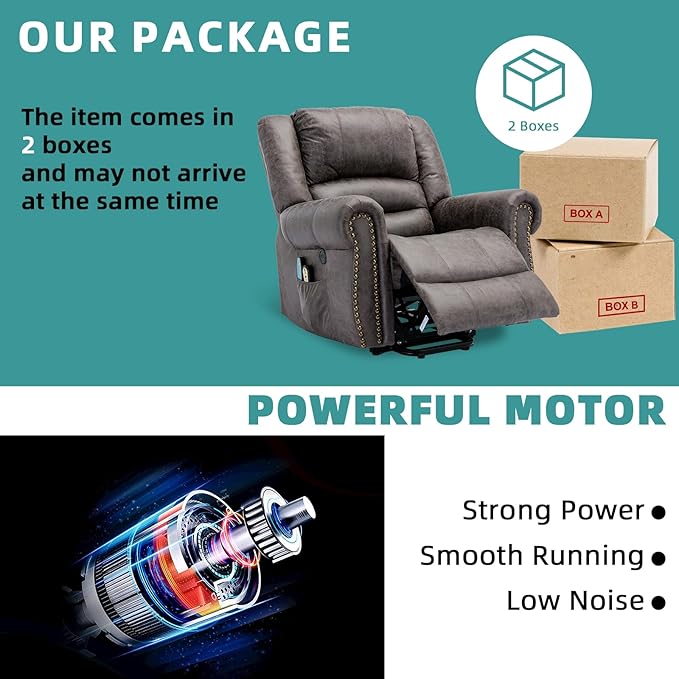 MEETWARM Large Power Lift Electric Recliner Chair with Massage and Heat, Overstuffed Wide Recliner for Elderly, Heavy Duty Recliner for Living Room with 2 Remote Controls/USB Ports/Side Pockets(Gray)