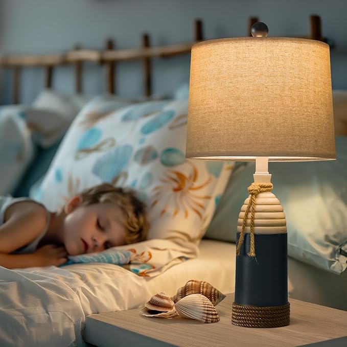OYEARS 23.75" Table Lamps Set of 2, Bedside Lamps for Nightstands, Nautical Table Lamps for Living Room, Coastal Ocean Beach Style, Resin, Navy Blue