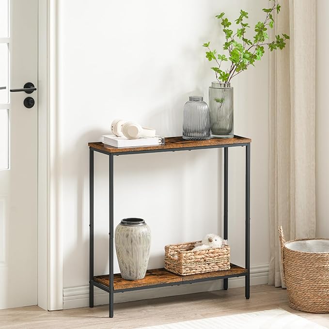 HOOBRO 29.5"L Narrow Console Table, 8.7"D Couch Table Behind Sofa, Small Entryway Table with 2-Tier Storage Display Shelves, for Hallway, Foyer, Living Room, Bedroom, Rustic Brown and Black BF22XG01
