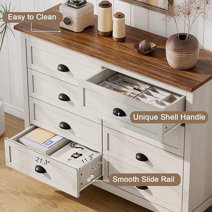 8 Drawer Dresser, Farmhouse Tall Dresser for Bedroom, Antique White Chest of Drawers, Modern Double Dressers for Bedroom, Closet