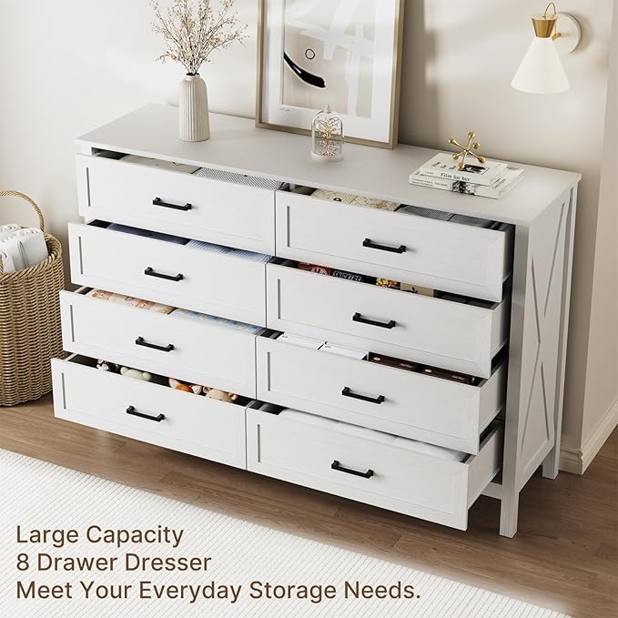 LYNSOM Farmhouse 8 Drawer Dresser for Bedroom, 55 Inch Wide Wood Rustic Chest of Drawers with X-Marking & Bar Handle, Large Storage Dressers Organizer for Bedroom, Living Room, White