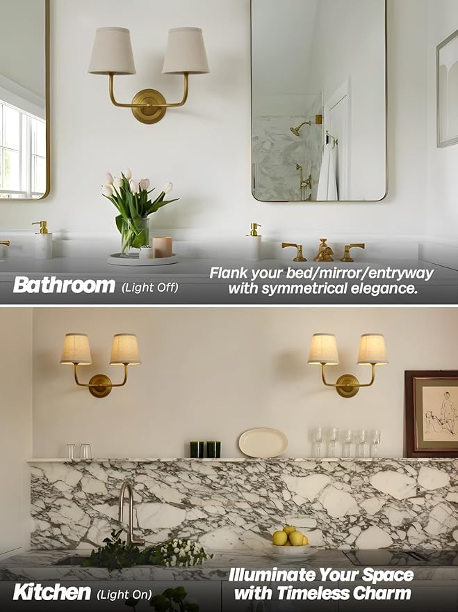 Vintage 2-Lights Fabric Wall Sconce with Linen Cloth Shade, Double Arm Wall Lamp Fixture for Bathroom Bedroom Living Room Hallway