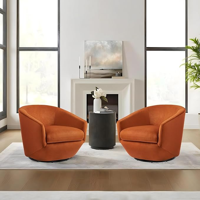 Swivel Barrel Accent Chair, Modern Round Velvet Fabric Arm Chair for Living Room, Bedroom, Comfy Club Reading Chairs for Adults(Velvet, Orange, Set of 1)