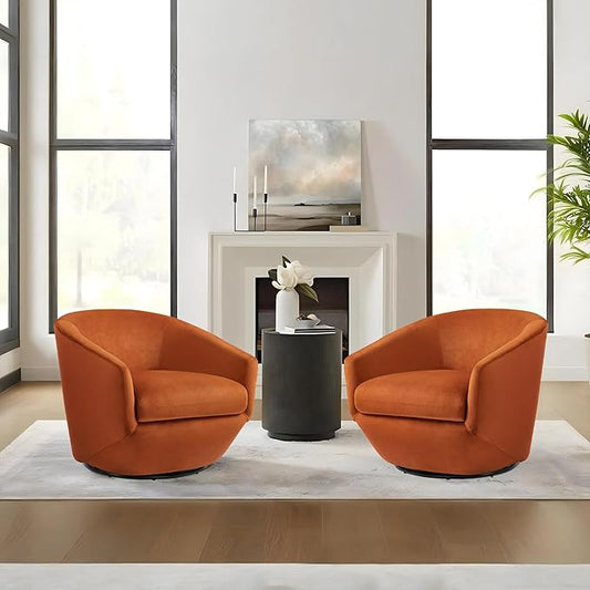 Swivel Barrel Accent Chair, Modern Round Velvet Fabric Arm Chair for Living Room, Bedroom, Comfy Club Reading Chairs for Adults(Velvet, Orange, Set of 2)