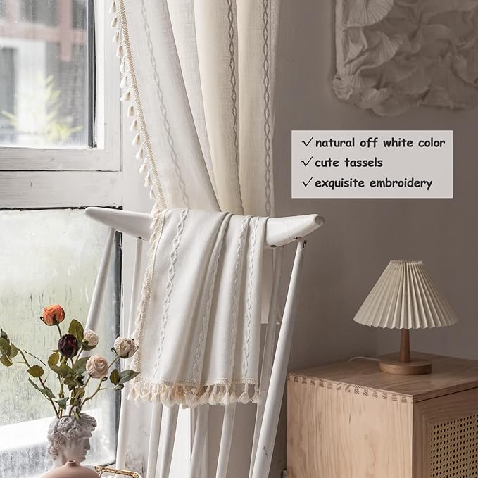 Boho Curtains - Embroidery Linen and Cotton 63 Inch Length 2 Pannels for Living Room, Cream Off White Light Filtering Farmhouse Curtains with Rod Pocket Draperies 52" W x 63" L