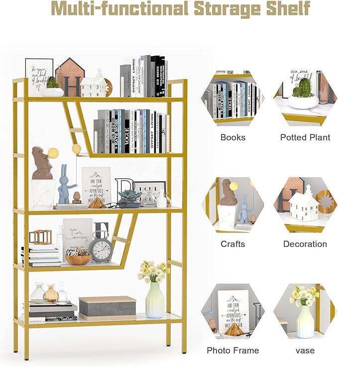 Teraves 5-Tier Adjustable Bookshelf Wood Bookcase with Metal Frame Book Shelf Organizer for Living Room/Bedroom/Study Room,46 Variants