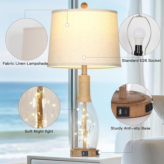 28" Boho Glass Table Lamps Set of 2, Touch Control Bedside Lamps with 2 USB Ports and Outlet, Rattan Lamp with Night Light for Nightstand Living Room Bedroom, 2 LED Bulbs Included, Wood