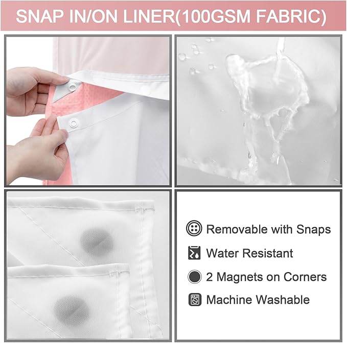 YellyHommy No Hook Shower Curtain with Snap in Liner Set Less Time Pink Waffle Shower Curtain for Bathroom 75" L x 72" W Pink