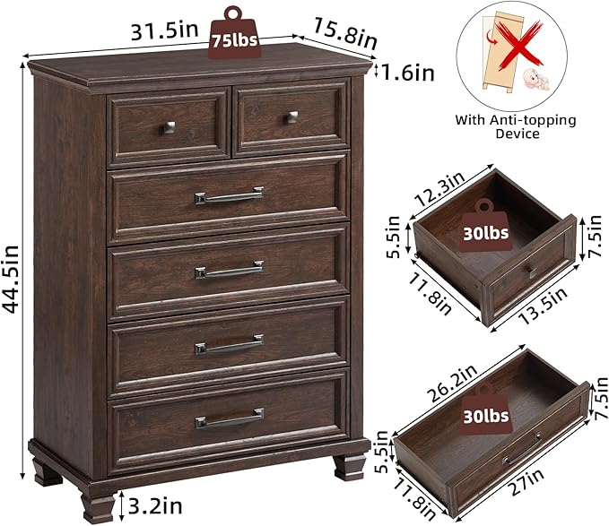 Farmhouse 6 Drawer Dresser for Bedroom, 45 Inch Tall Vintage Wood Chest of Drawers, Rustic Dressers w/Square Wooden Legs, Mid-Century Storage Organizer for Living Room, Hallway, Walnut