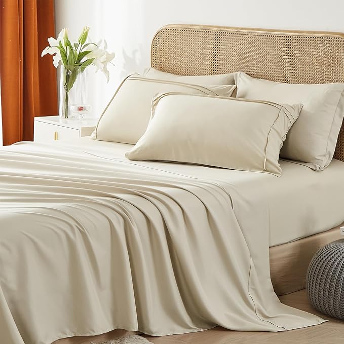 Yogeneg Full Size Comforter Set 7 Piece Bed in a Bag,Grid Pinch Pleat Beige Bedding Set,Striped Textured Soft Microfiber Comforter with Sheet Set,All Season Complete Bed Set(Beige,Full)