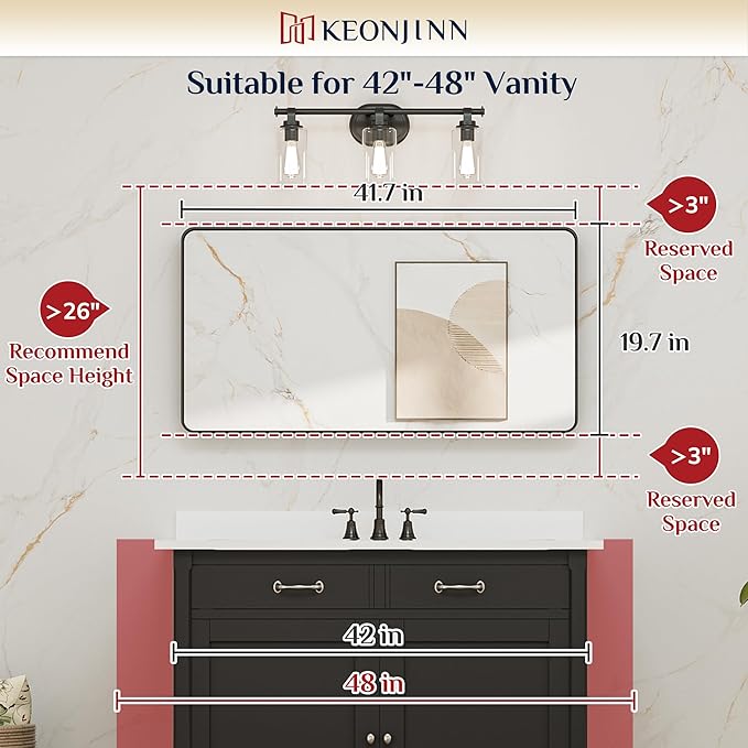 Keonjinn 42 x 20 Inch Brushed Nickel Bathroom Mirrors for Over Sink, Rounded Rectangle Silver Bathroom Vanity Mirror, Metal Framed Farmhouse Mirror for Wall, HD Tempered Glass(Horizontal/Vertical)