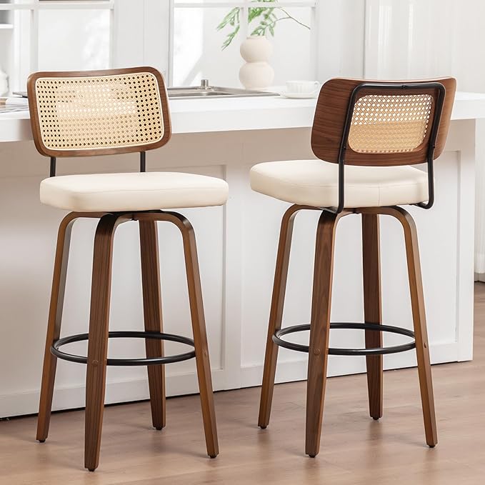 Swivel Counter Height Stools - 26 inch Counter Stools Set of 2 with Curved Rattan Back, Walnut Craftsmanship, Upholstered Seat, Counter Height Bar Stool for Island/Pub/Kitchen (26" Seat Height, Beige)
