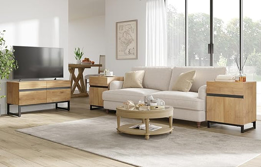 WAMPAT TV Stand and End Table Set of 3, Living Room Table Sets, 35 Inch TV Stand and 2 End Table Set with Drawers for Living Room, Entertainment Center, Console TV Table, Oak